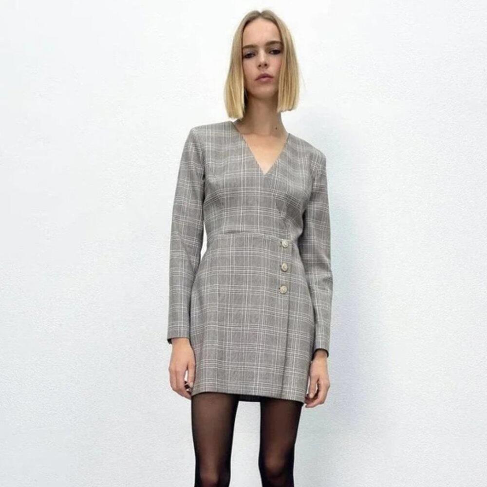Zara Plaid Blazer Mini Dress Jeweled Buttons Long Sleeve Size S NWT